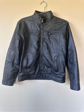 Kid’s Black Faux Leather Bomber Jacket with Stand Collar